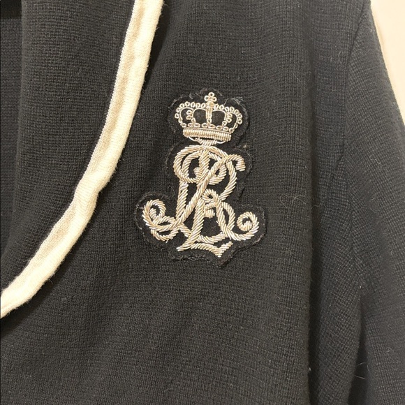 Vintage 90s Ralph Lauren black & cream schoolboy cardigan w/ silver monogram, XL - Picture 7 of 10